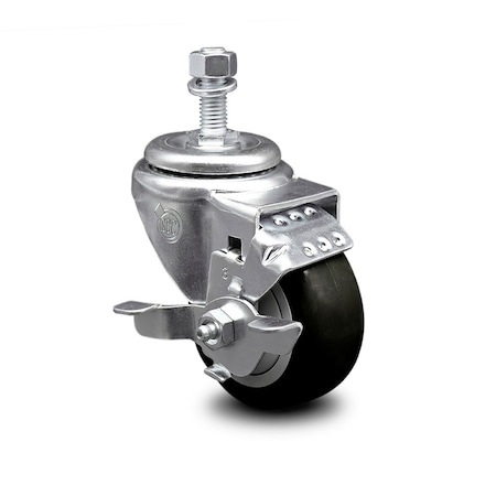Service Caster 3 Inch Black Polyurethane Wheel Swivel 12mm Threaded Stem Caster with Brake SCC-TS20S314-PPUB-BLK-TLB-M1215